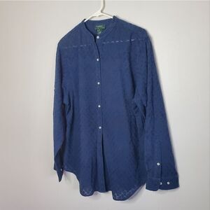 Lauren Ralph Lauren XL Long Sleeve Button Down Shirt Blue Floral Eyelet Sheer